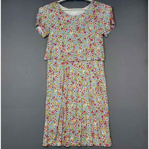 J Jill Dress Womens XS Blue Floral Short Sleeve Layered Overlay Back Buttons - Picture 1 of 15